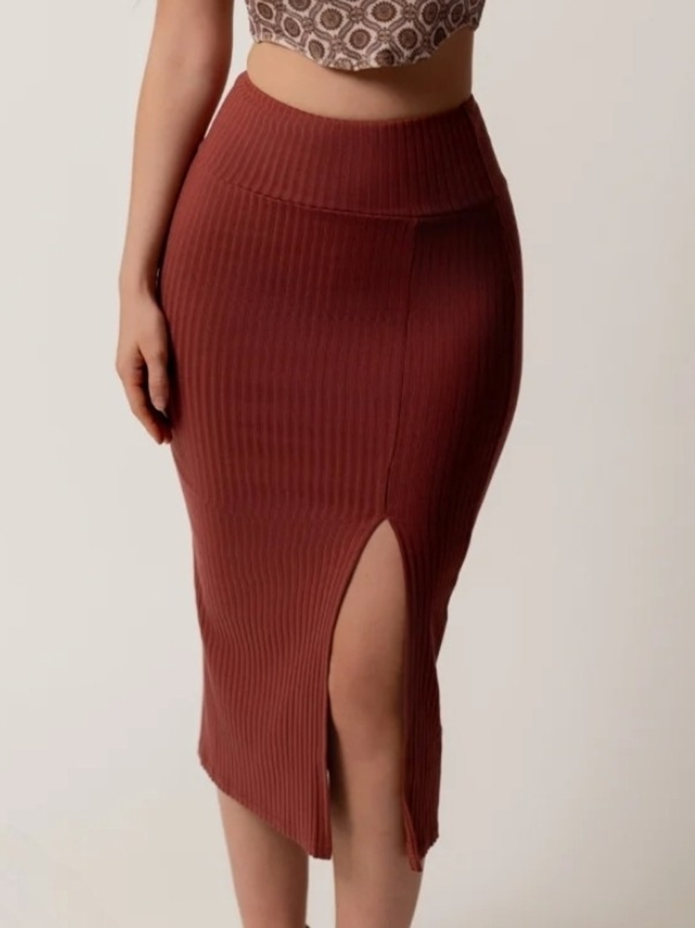 Joyfolie Ribbed Midi Skirt with Front Slit - Rust